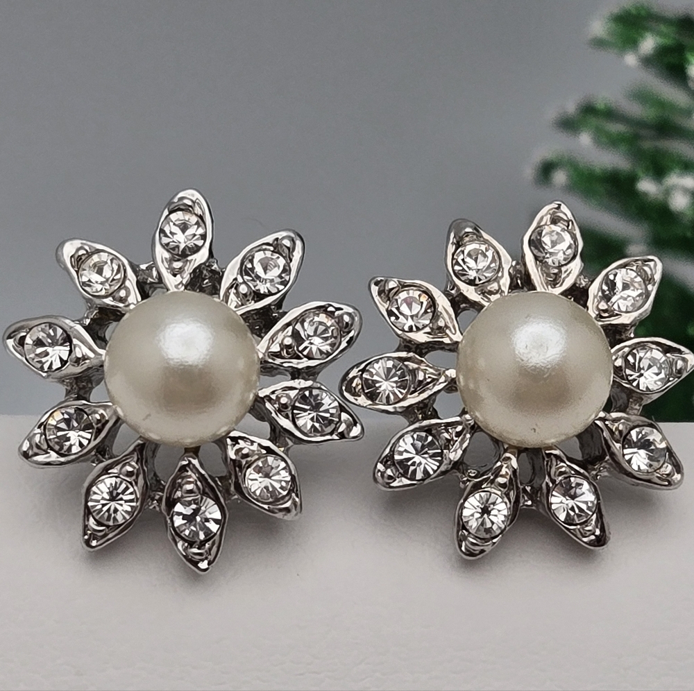 Silver-Tone Floral Stud Earrings Faux Pearl & Marquise Crystals Bridal Wedding